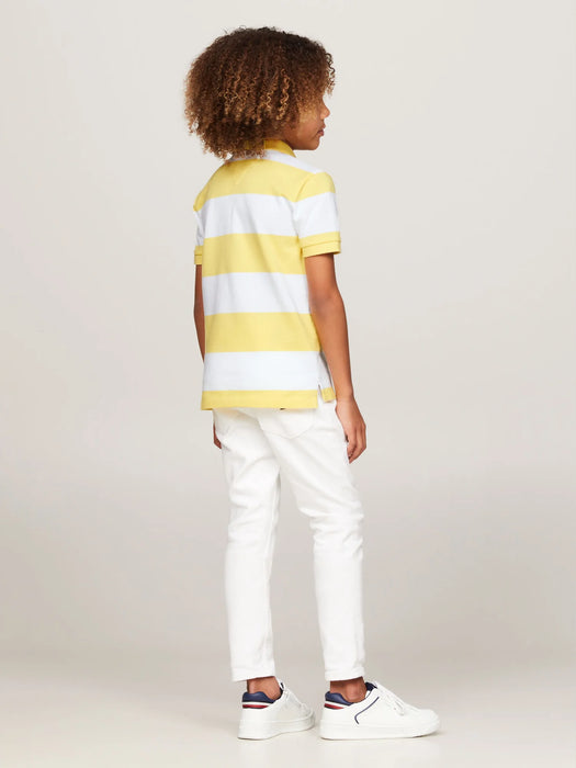 Back of the Tommy Hilfiger yellow striped polo shirt.