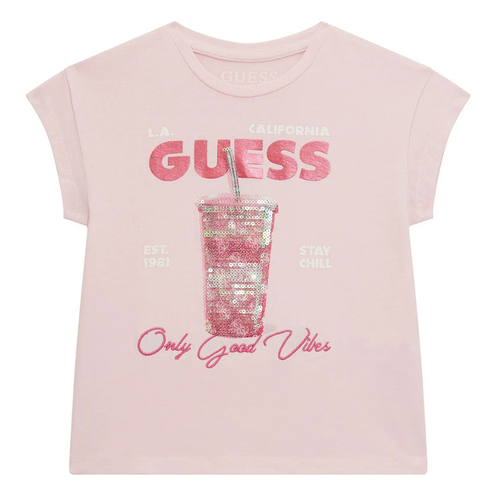 Guess pink t-shirt with glitter and sequin milkshake design on the chest.