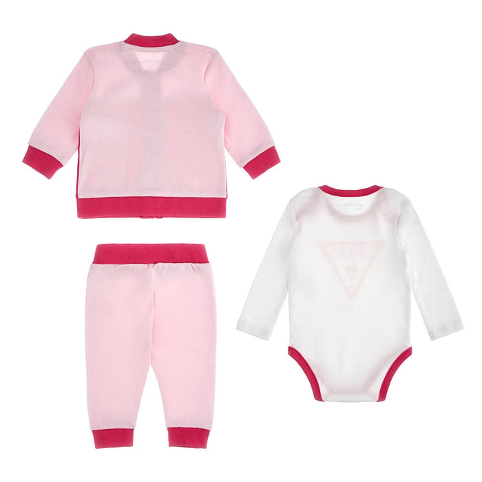 Reverse view of the Guess pink three piece tracksuit.