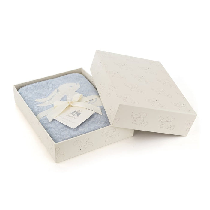 Jellycat Bashful Bunny Blue Blanket in a cardboard gift box