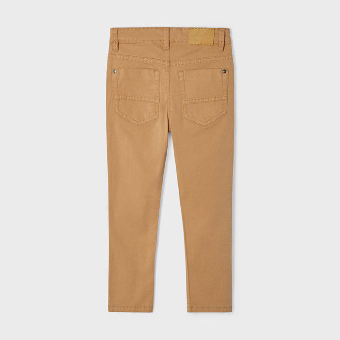 Reverse view of the Mayoral tan slim fit trousers.