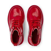 A Dee red boots with glitter hearts.