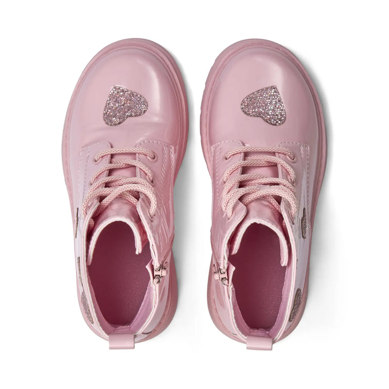 A Dee pink boots with glitter hearts.