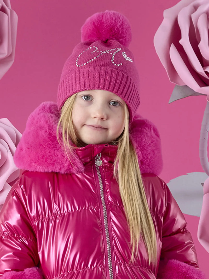 Girl modelling the A Dee april bobble hat.