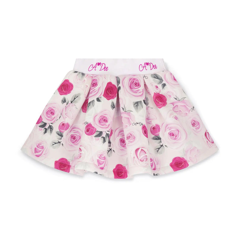 Girl's pleated skirt with pink rose print.