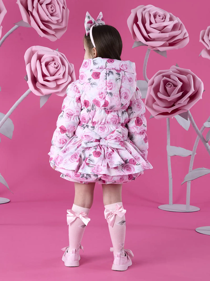 Rear view of the A Dee pink ava puffer jacket.