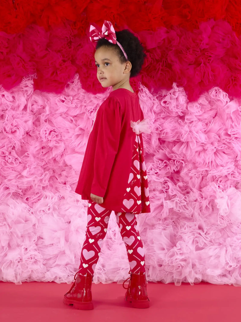 Red A Dee leggings set with pink tulle bow on the back.