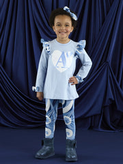 Girl in blue nina leggings set by A Dee.