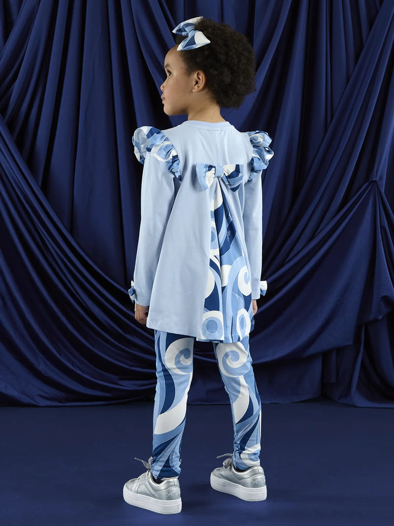 Blue A Dee leggings set with frills at the shoulders.