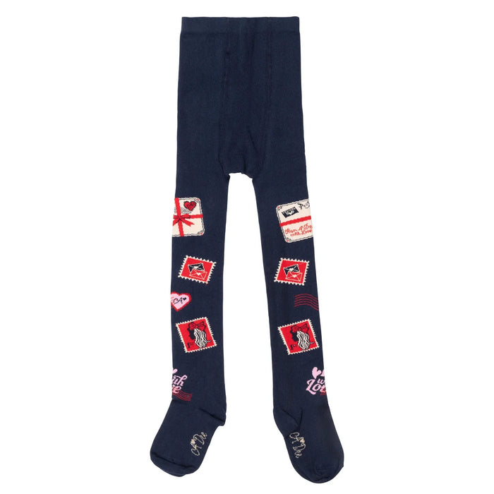 A Dee girl's navy tights with letters and postage stamps.