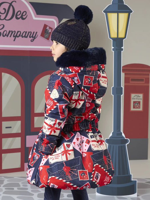 A Dee navy coat with faux fur trimmed hood.