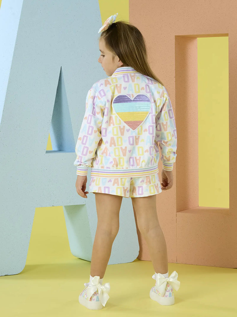 A Dee sassy bomber jacket with colourful sequin heart on the back.