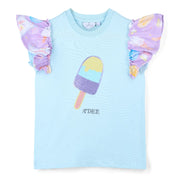 A Dee girl's bright blue t-shirt with frilled sleeves. 