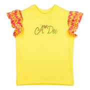 A Dee bright yellow t-shirt with frilled sleeves.
