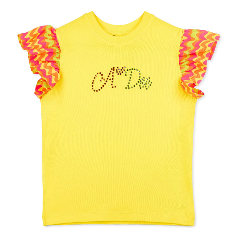 A Dee bright yellow t-shirt with frilled sleeves.