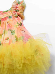 Abel and Lula floral dress with yellow tulle trim.