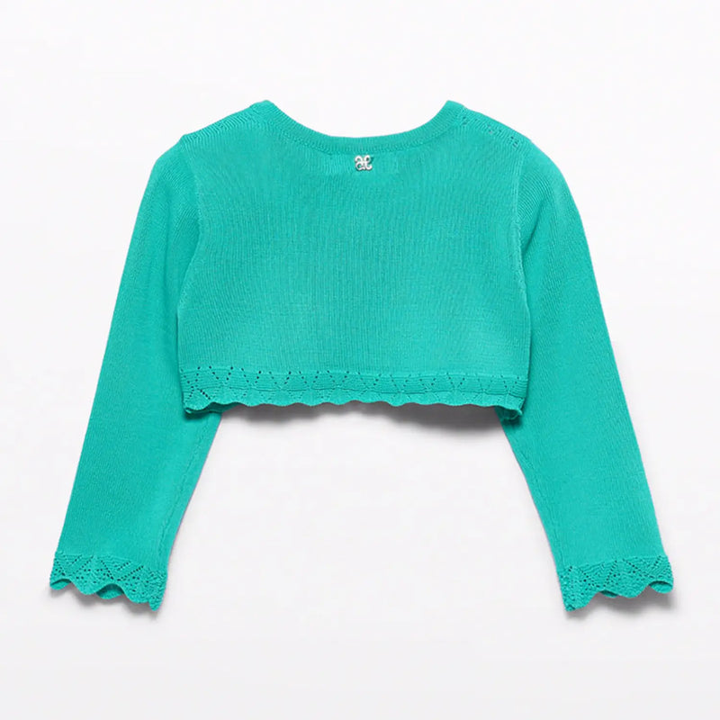 Back of the Abel and Lula green knitted bolero cardigan.