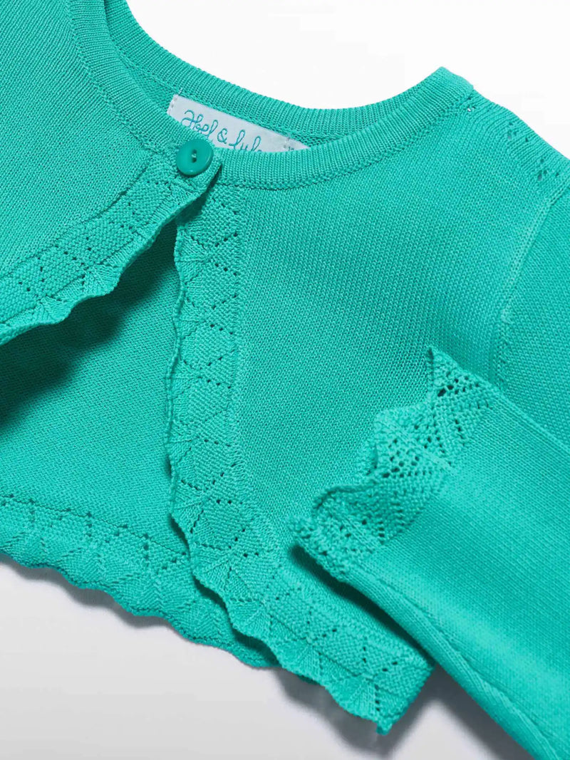 Closer view of the Abel and Lula knitted bolero cardigan.