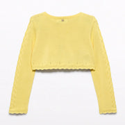 Back of the Abel and Lula yellow knitted bolero cardigan.