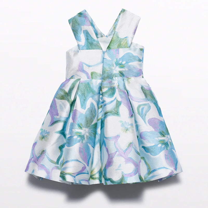 Rear view of the Abel and Lula blue mikado dress.