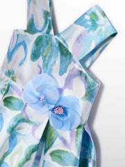 Closer look at the Abel and Lula mikado dress showing detail of the sky blue florets.