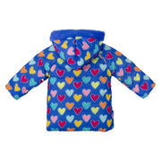 Rear view of the Agatha Ruiz de la Prada blue heart print coat.