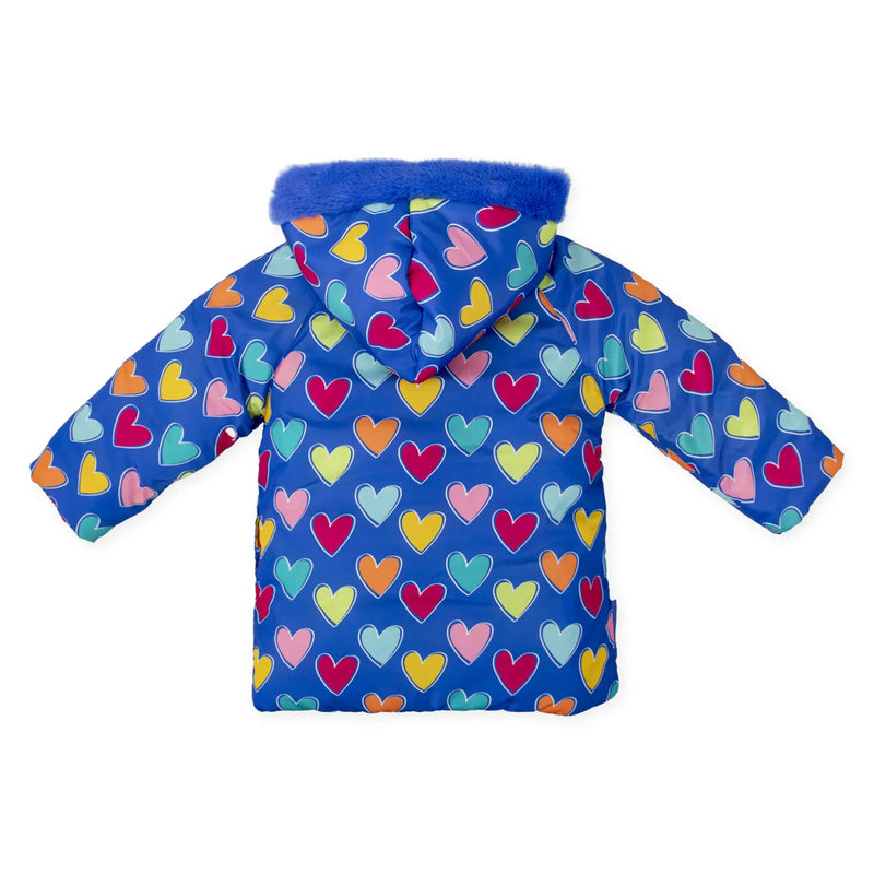 Rear view of the Agatha Ruiz de la Prada blue heart print coat.