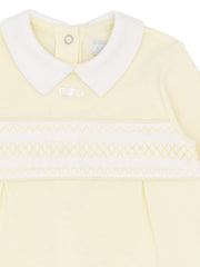Closer view of the Amore lemon stripe babygrow.