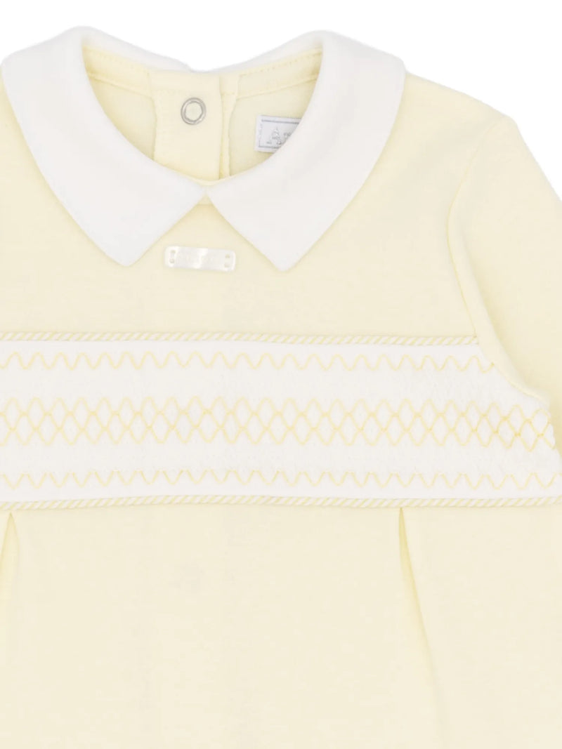 Closer view of the Amore lemon stripe babygrow.