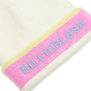 Closer look at the Billieblush beanie showing detail of the blue embroidered logo.