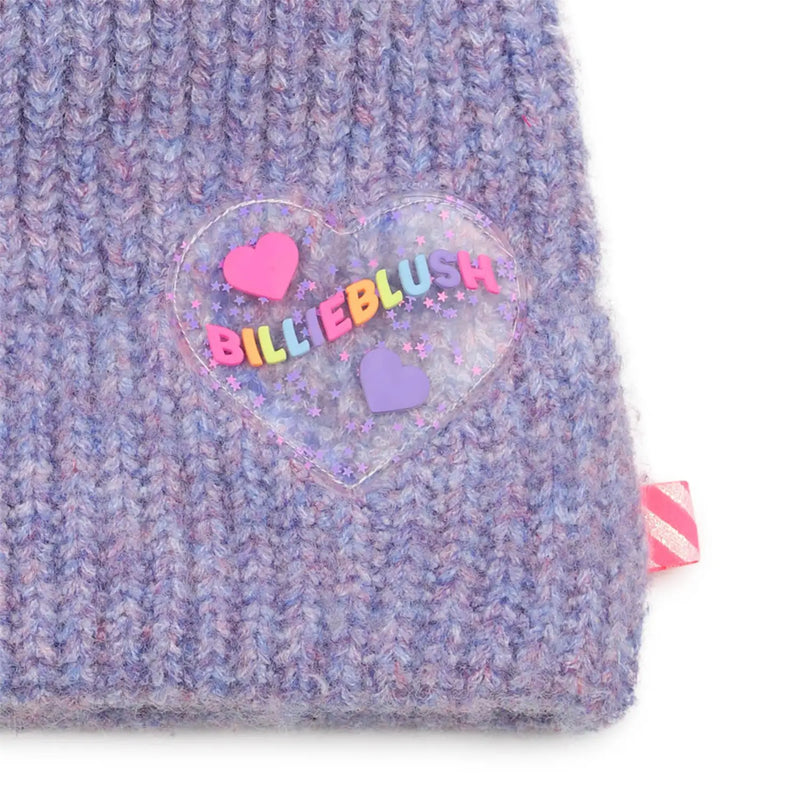Billieblush bobble hat with transparent heart patch.