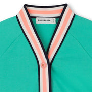 Closer look at the Billieblush cardigan showing detail of the striped trim