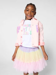 Girl wearing the Billieblush colourblock tulle skirt.