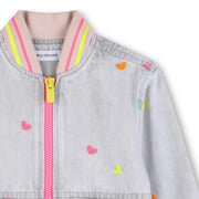 Closer view of the Billieblush denim bomber jacket.