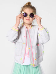 Billieblush grey denim bomber jacket, modelled by girl.