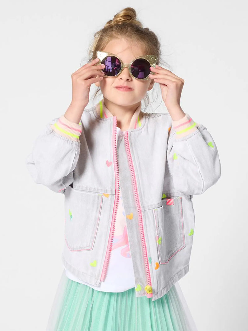 Billieblush grey denim bomber jacket, modelled by girl.