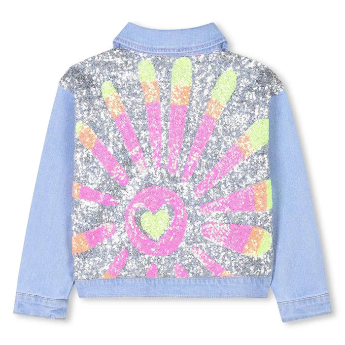 Billieblush denim jacket with sequin sunburst design on the back.