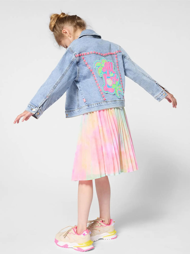 Billieblush denim jacket with colourful sequin slogan on the back.