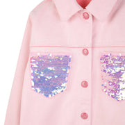 Closer look at the Billieblush denim jacket showing detail of the silver sequin pockets.