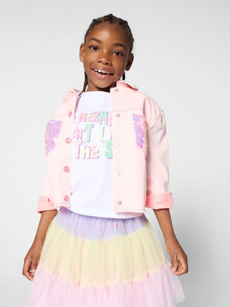 Girl wearing the Billieblush denim jacket.