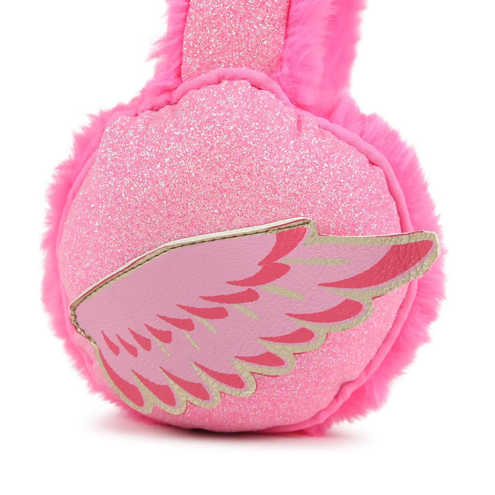 Billieblush pink ear muffs with pegasus wings on the side.
