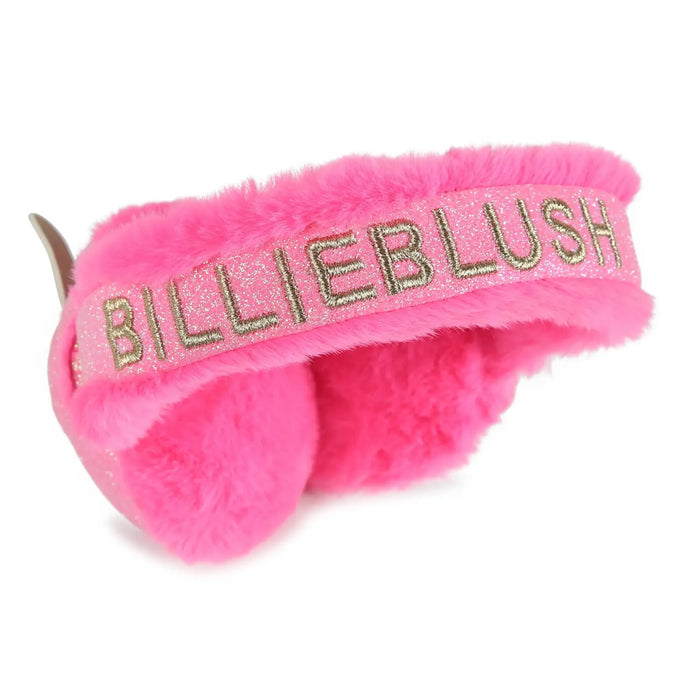 Pink Billieblush ear muffs with pink glitter logo on the head strap.