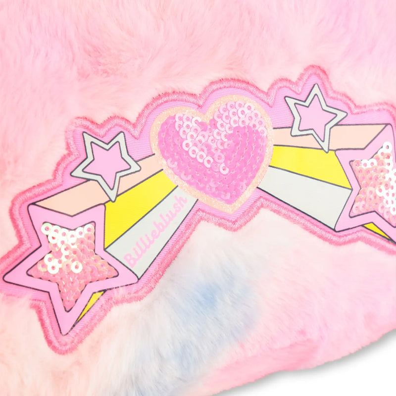 Closer look at the Billieblush faux fur handbag showing detail of the sequin heart and stars logo