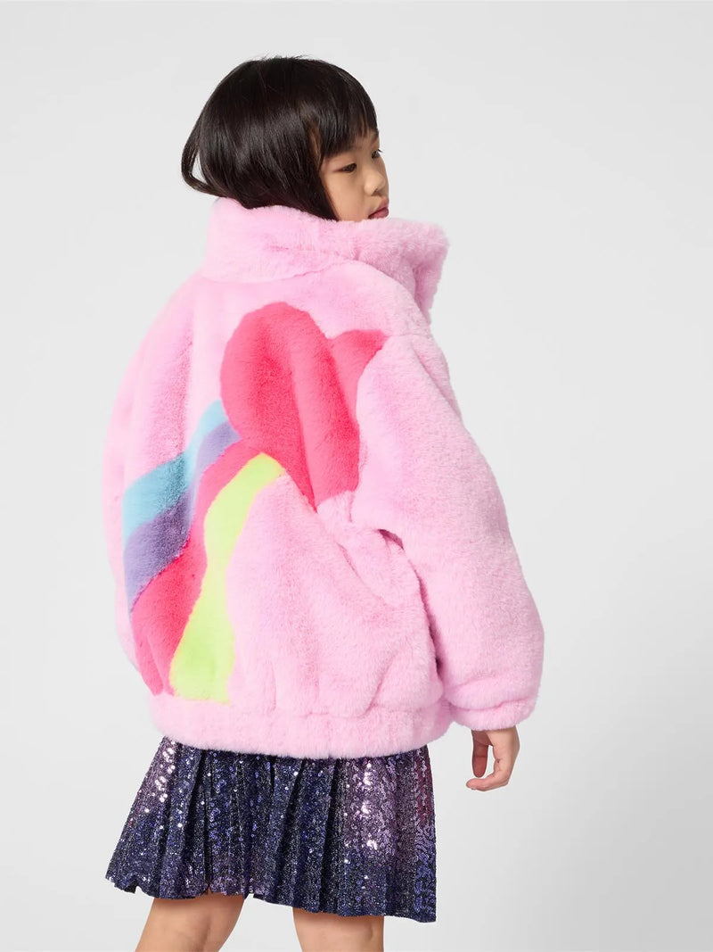 Closer look at the Billieblush faux fur jacket showing detail of the rainbow heart on the back.