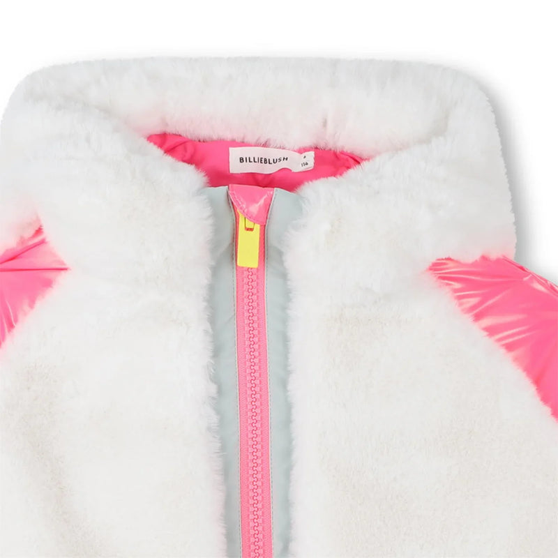 Closer look at the Billieblush faux fur jacket showing detail of the white faux fur lining