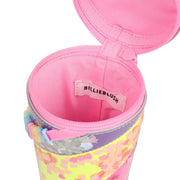 Billieblush glitter cup bag with bubblegum pink inner lining.