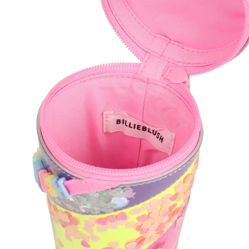 Billieblush glitter cup bag with bubblegum pink inner lining.