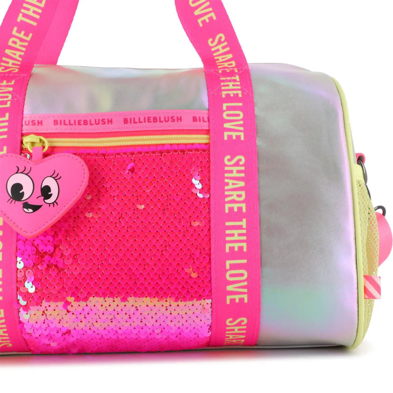 Billieblush gym bag with fluorescent pink sequins on the front pocket.