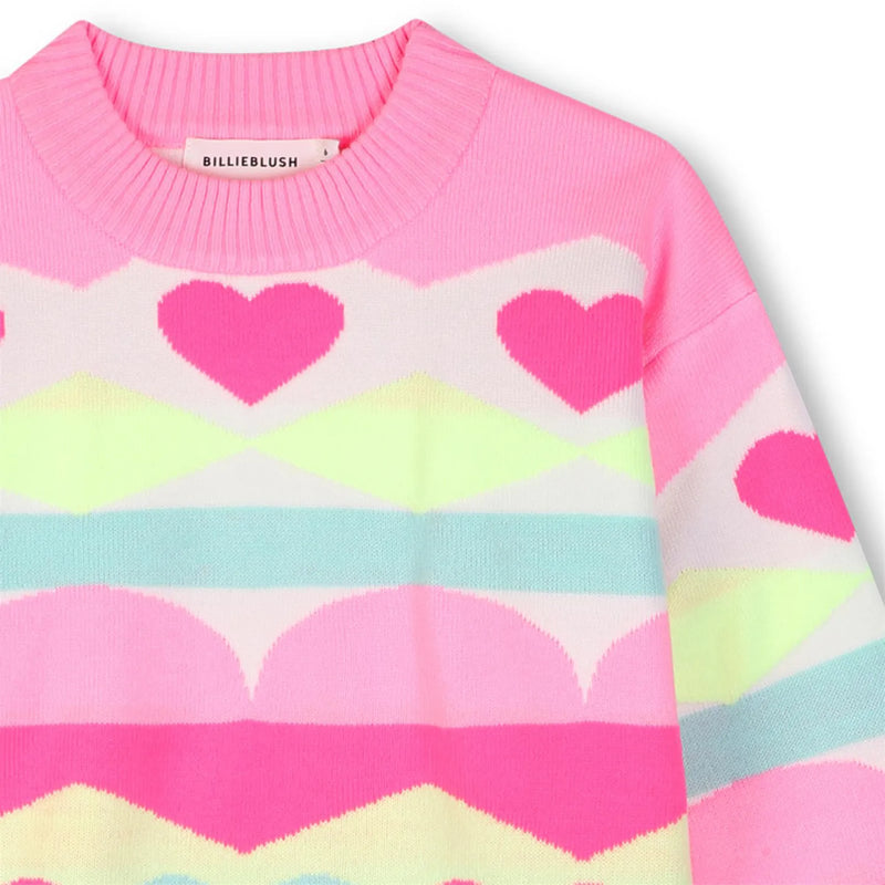 Closer view of the Billieblush pink heart jumper.