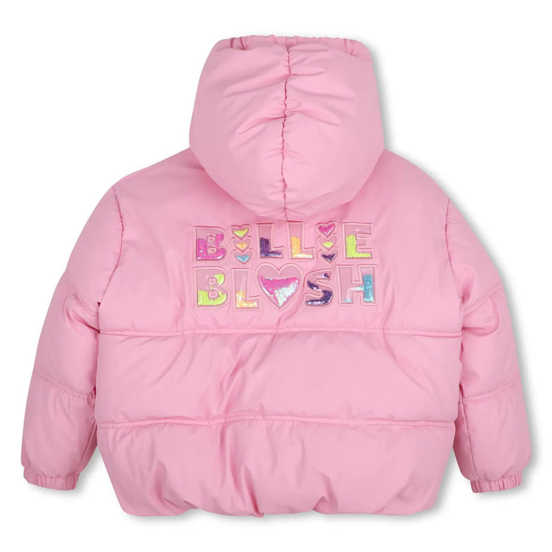 Billieblush puffer jacket with large logo on the back.